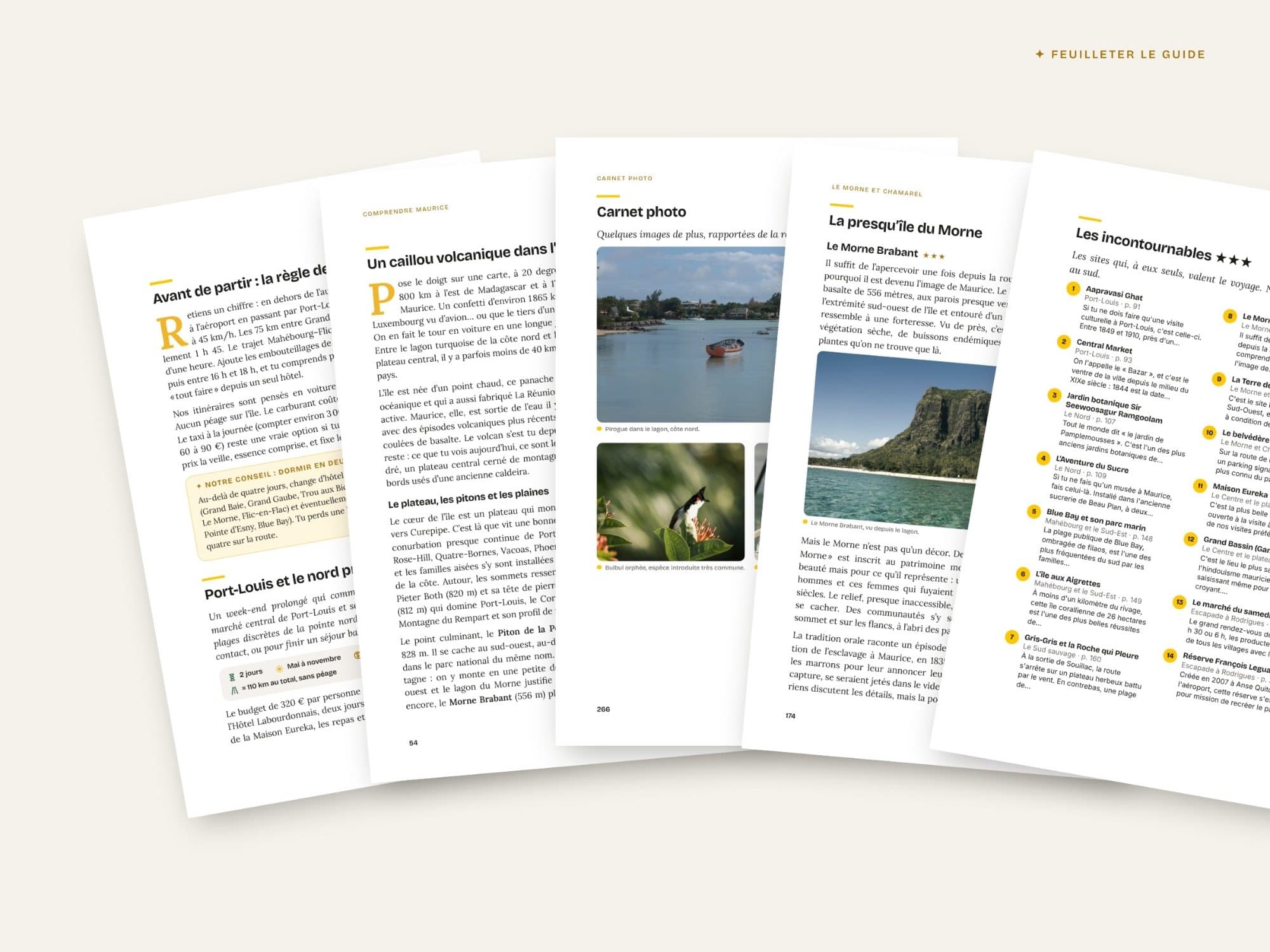 Pages intérieures : avant de partir, comprendre Maurice, carnet photo, la presqu'île du Morne, les incontournables