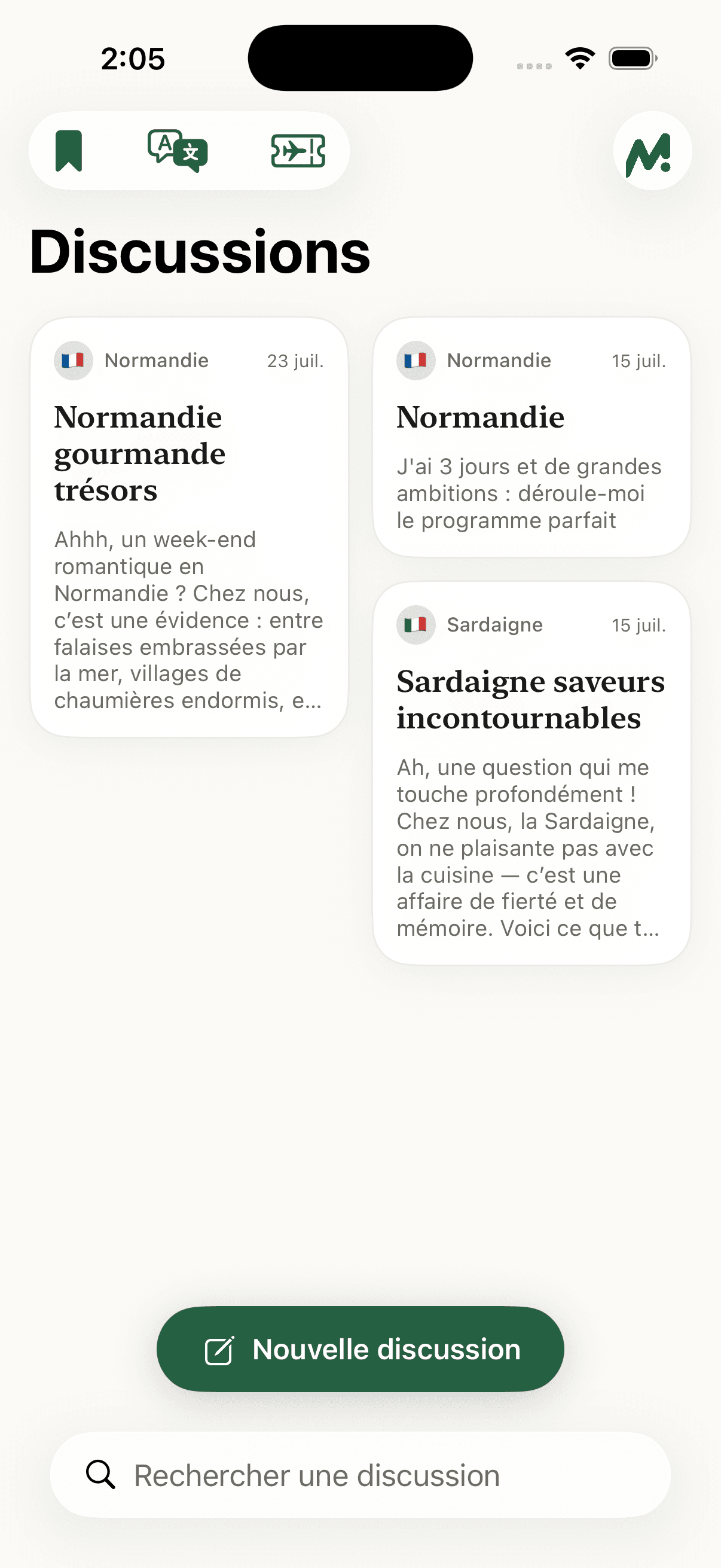 La liste des discussions avec Marco