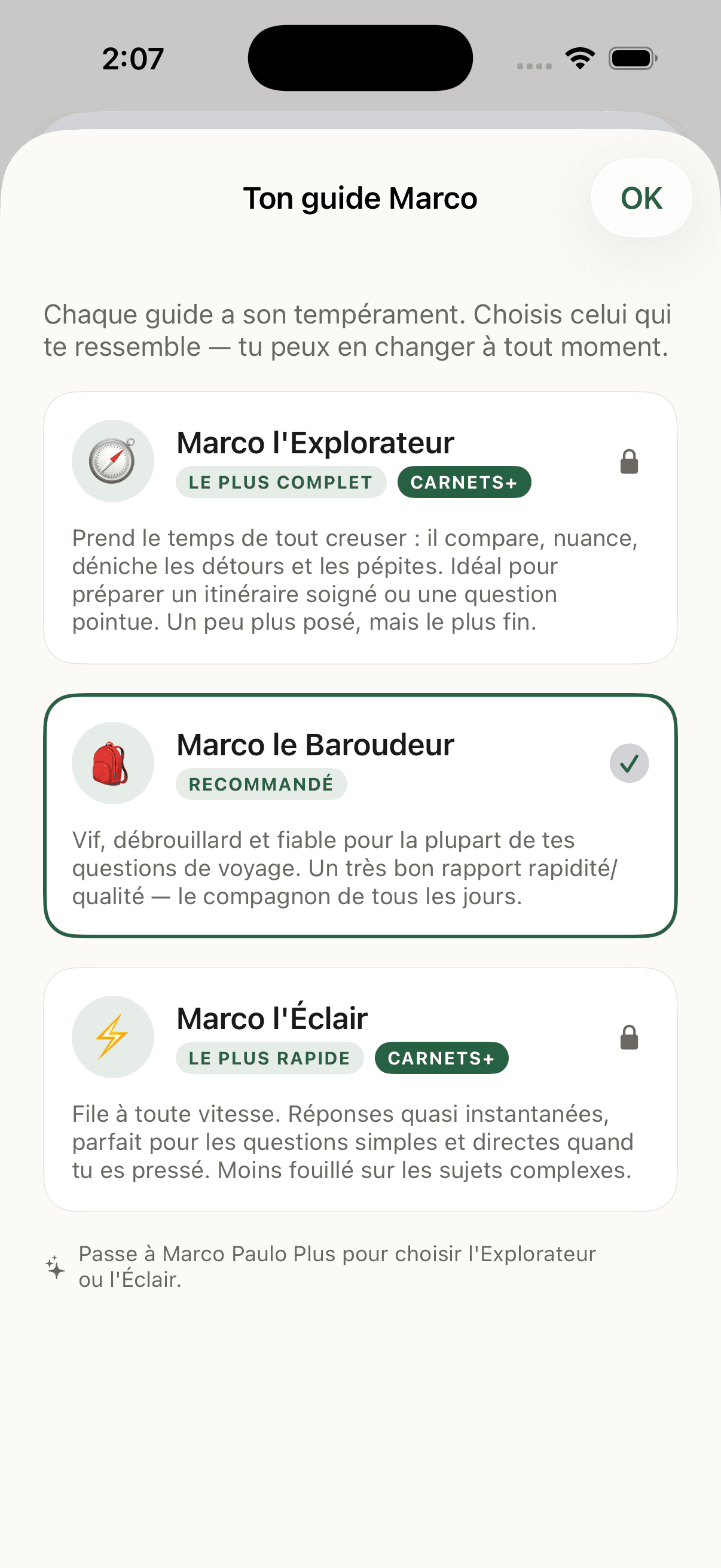 Choix du guide Marco — plusieurs personnalités disponibles