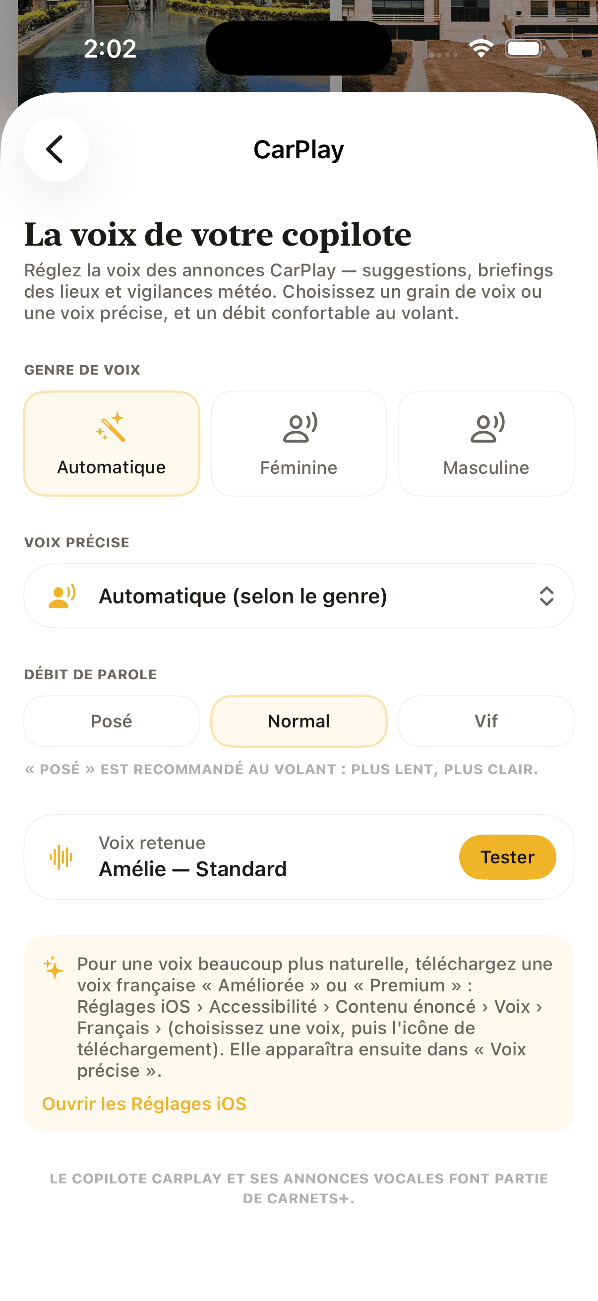 Réglage de la voix du copilote CarPlay dans Carnets