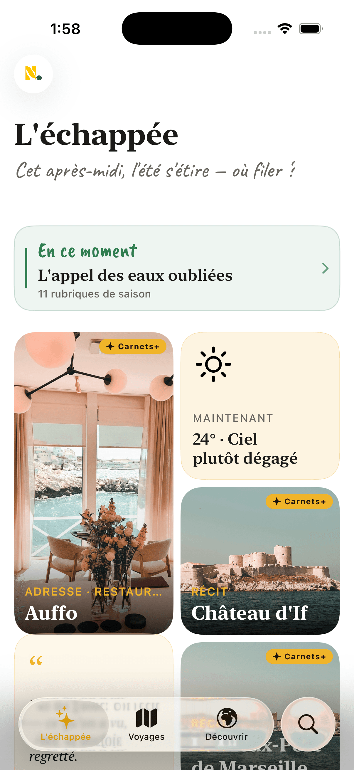L'app Carnets — l'écran L'échappée