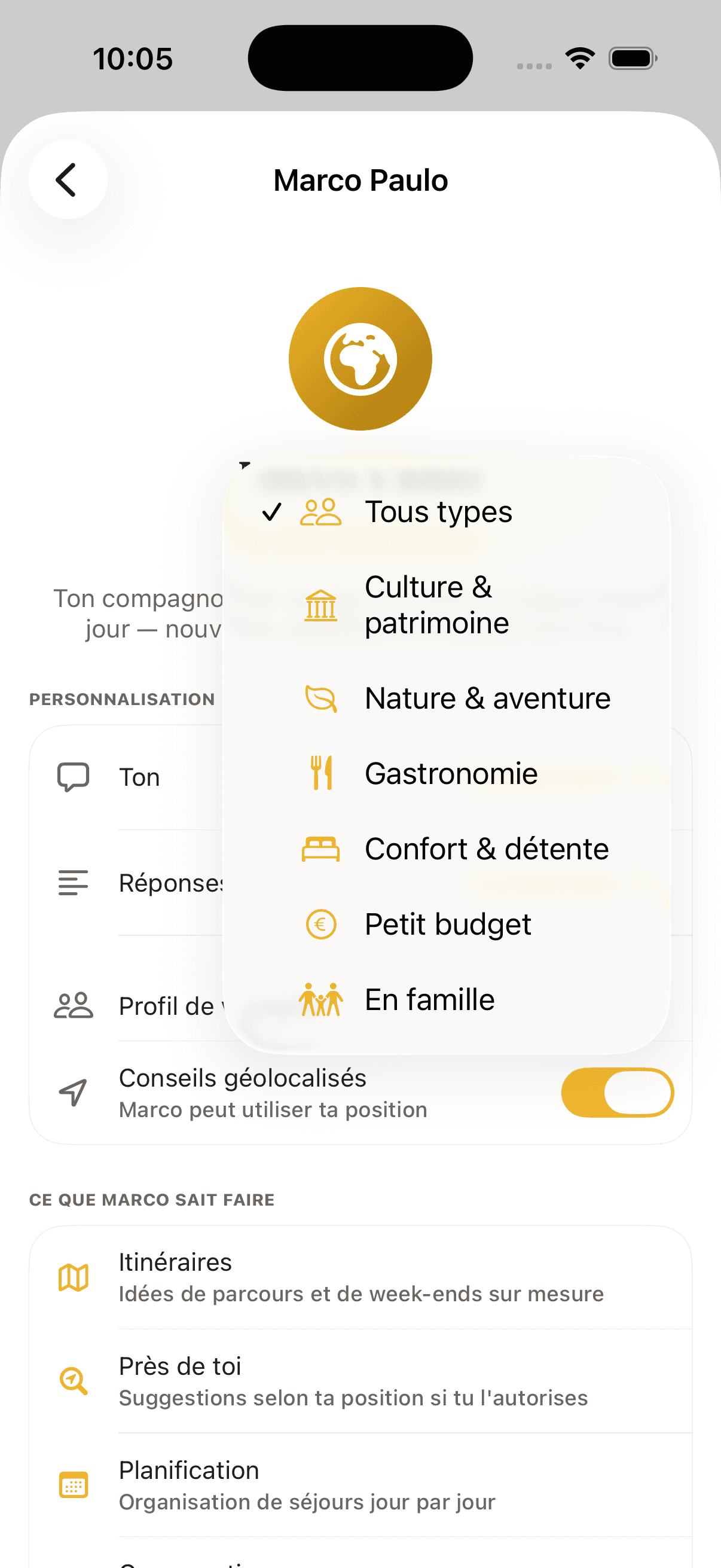 Écran de personnalisation de Marco Paulo dans l'app Carnets