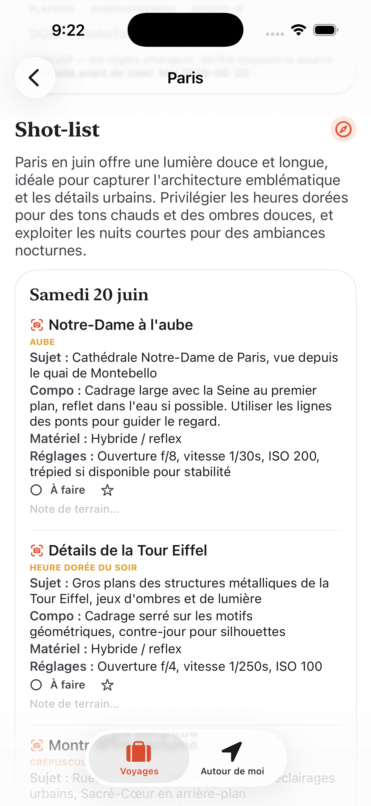 Shot-list jour par jour générée par Marco dans Latitude